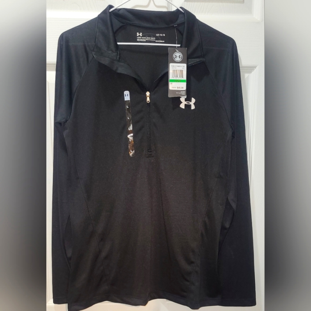 NWT Under Armor Black Long Sleeve 1/2 Zip Pull Over Heat Guard Size Large